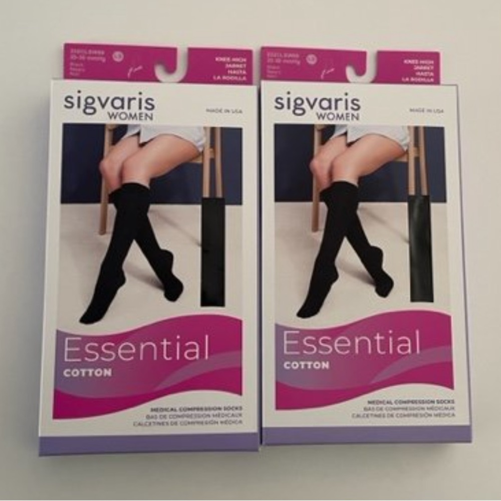 Sigvaris Women's Knee High Black 20-30mmHg Compression Socks. Two pairs.Size LS